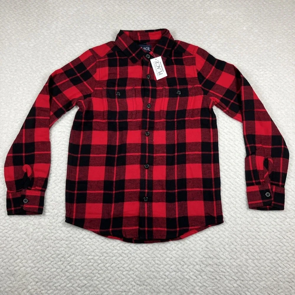NWT Childrens Place Button Up Plaid Flannel Shirt Medium 7/8 Long Sleeve NEW $35